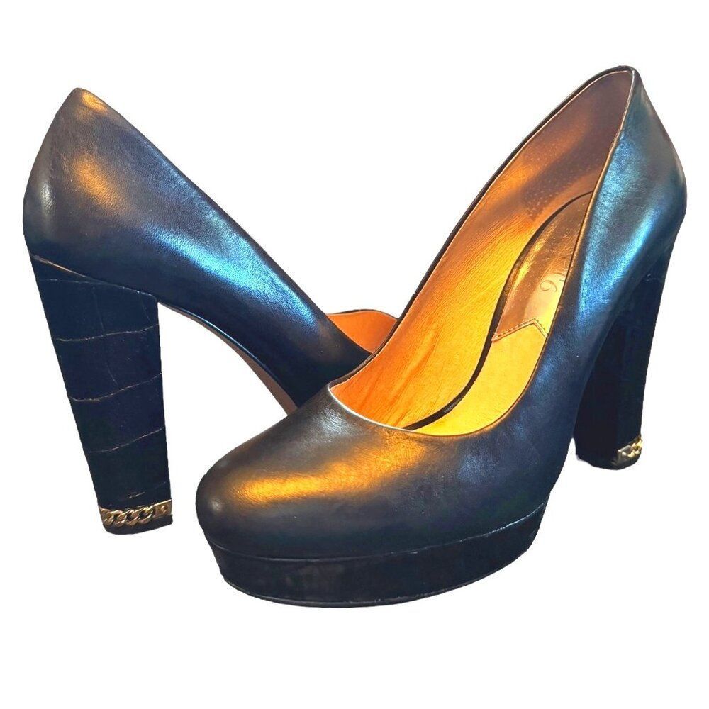 Black Leather 6M High Heel Platform Pumps‎ With Chain Detail
